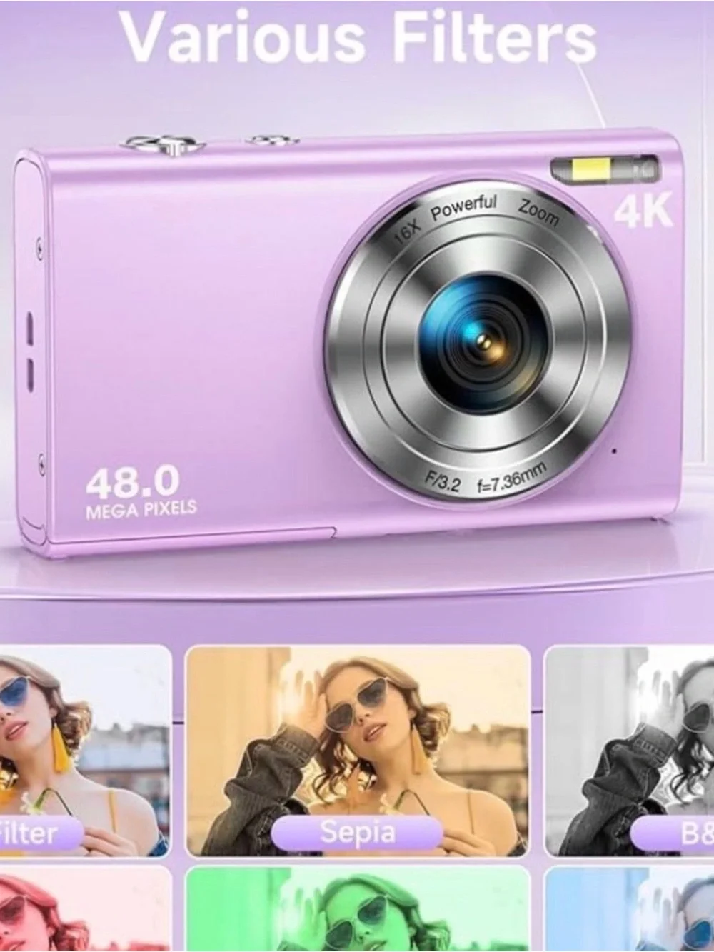 Purple 4K Digital Camera 📸 48MP Point & Shoot | Model DC402